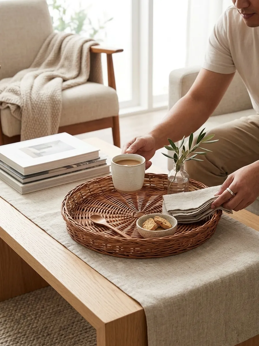 Handwoven Round Decorative Basket Tray - Image 2
