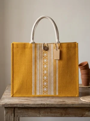 Women's Handcrafted Printed Jute Handbag - Yellow Design