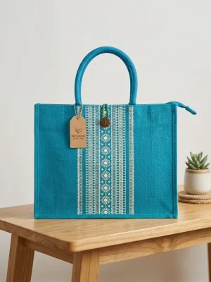 Women's Handcrafted Printed Jute Handbag - Blue Design