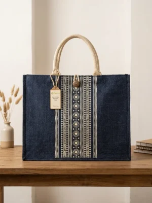 Women's Handcrafted Printed Jute Handbag - Ocean Blue Color