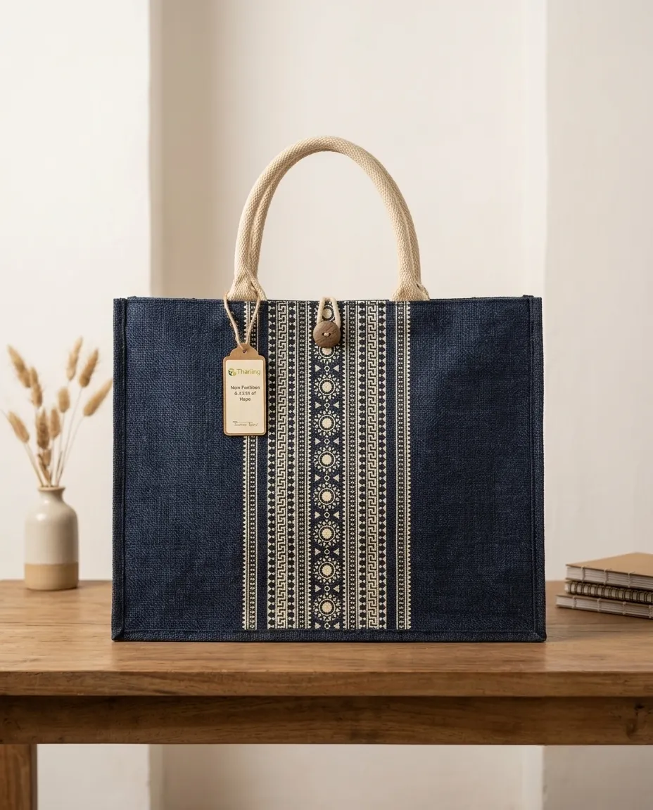 Women's Handcrafted Printed Jute Handbag - Ocean Blue Color