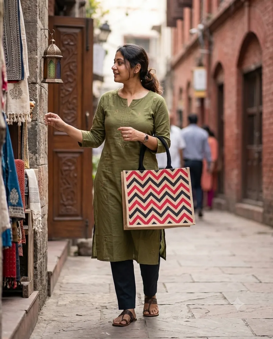 Women's Handcrafted Printed Jute Handbag - Red & Black Pattern - Image 2