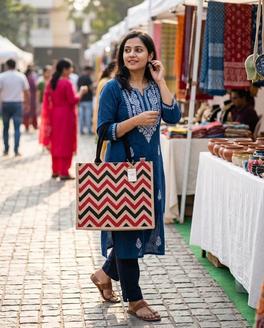 Women's Handcrafted Printed Jute Handbag - Red & Black Pattern - Image 3
