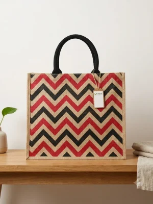 Women's Handcrafted Printed Jute Handbag - Red & Black Pattern