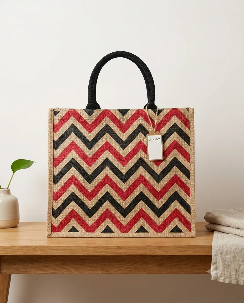 Women's Handcrafted Printed Jute Handbag - Red & Black Pattern