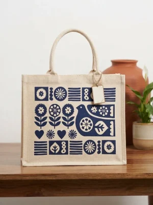 Women's Handcrafted Printed Jute Handbag - Blue Peacock Design