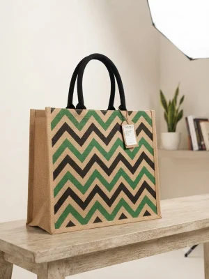 Women's Handcrafted Printed Jute Handbag - Black & Green Design