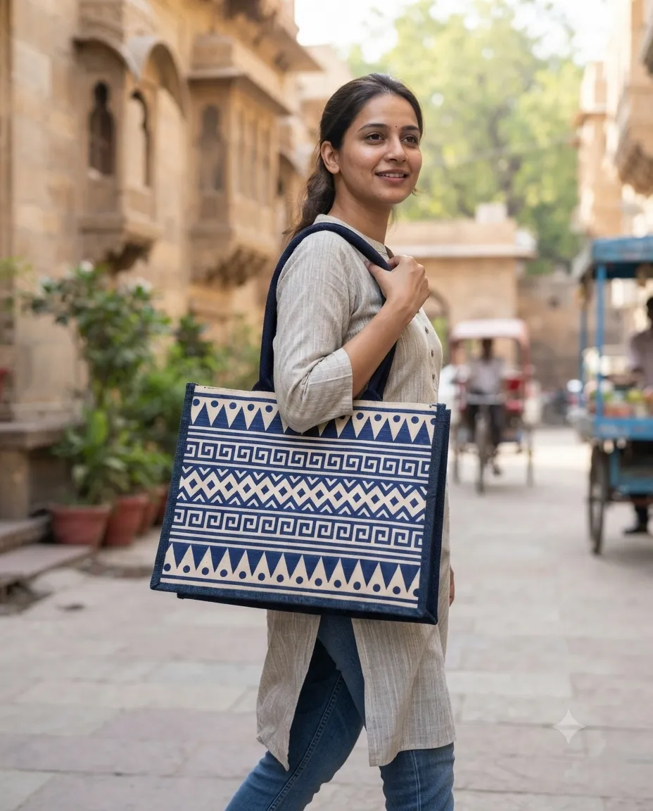 Women's Handcrafted Printed Jute Handbag - Ancient Blue Pattern - Image 2