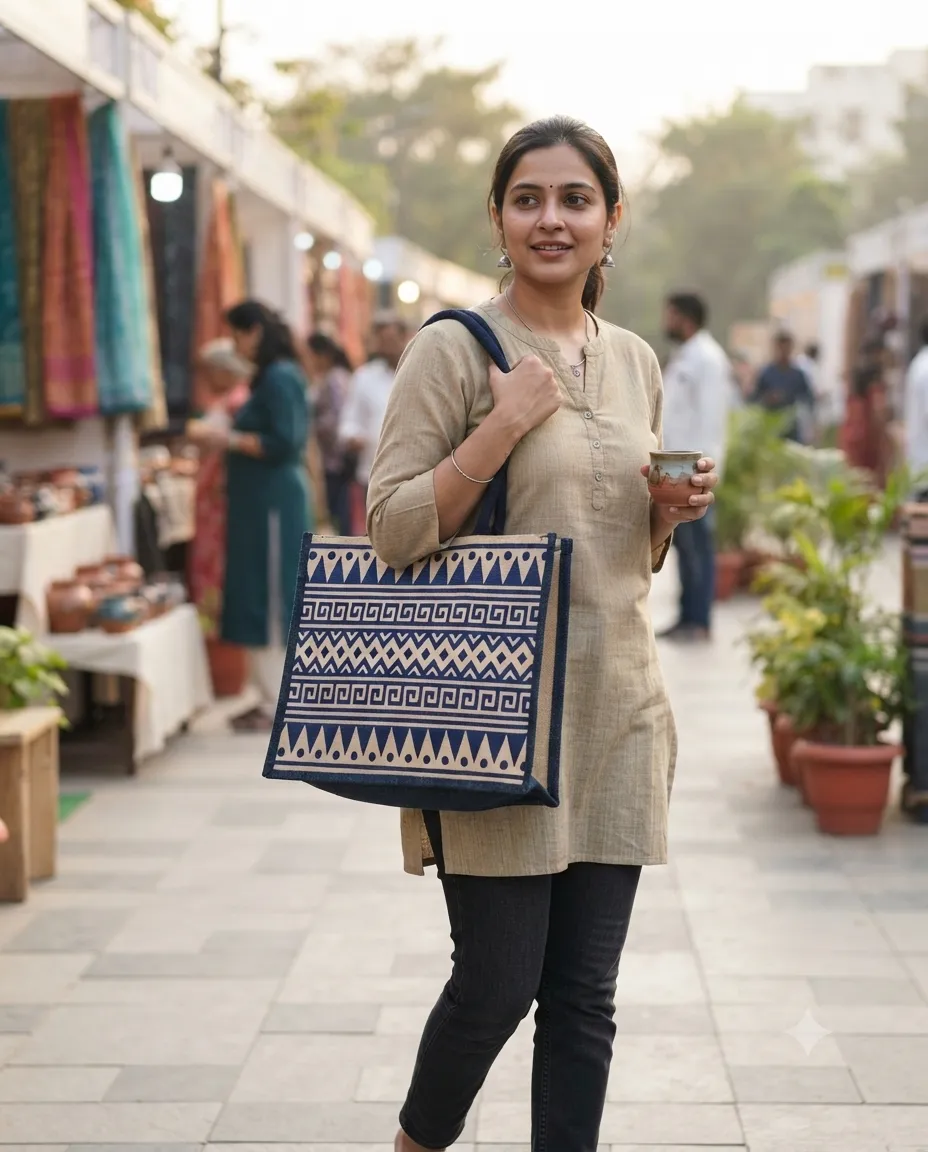 Women's Handcrafted Printed Jute Handbag - Ancient Blue Pattern - Image 3