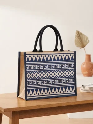 Women's Handcrafted Printed Jute Handbag - Ancient Blue Pattern