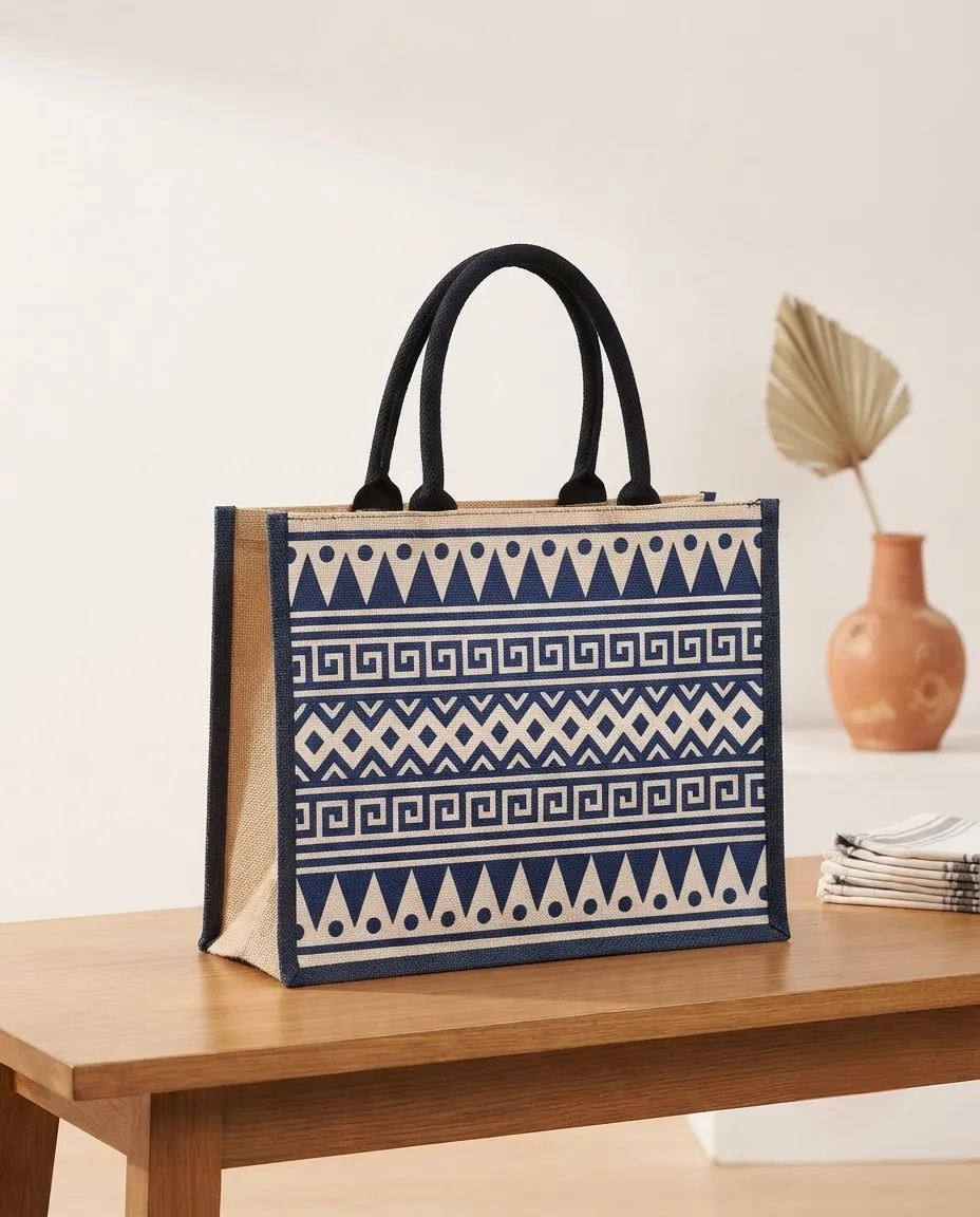 Women's Handcrafted Printed Jute Handbag - Ancient Blue Pattern