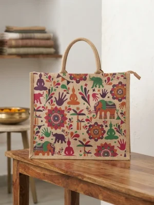 Women's Handcrafted Printed Jute Handbag - Multicolor Elements
