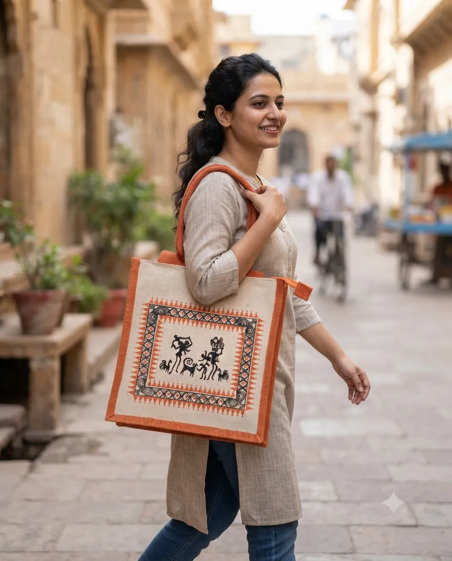 Women's Handcrafted Printed Jute Handbag - Ancient Orange - Image 2