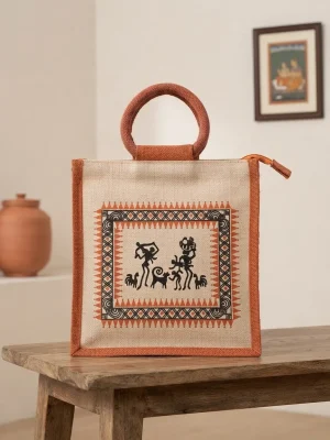 Women's Handcrafted Printed Jute Handbag - Ancient Orange