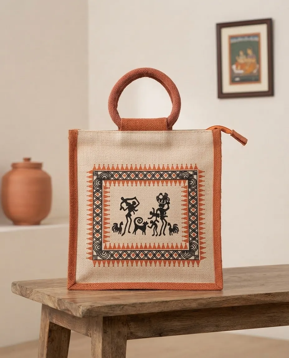 Women's Handcrafted Printed Jute Handbag - Ancient Orange