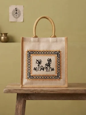 Women's Handcrafted Printed Jute Handbag - Ancient Yellow