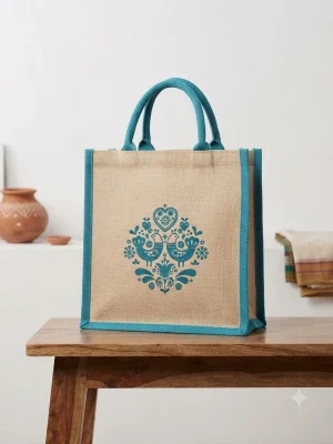 Women's Handcrafted Printed Jute Handbag - Petals Blue