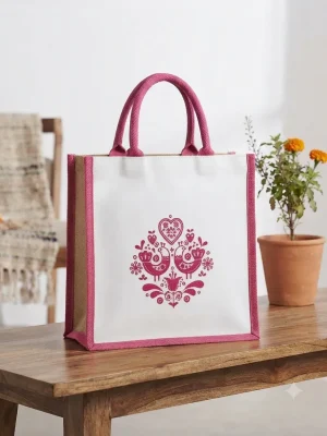 Women's Handcrafted Printed Jute Handbag - Petals Pink