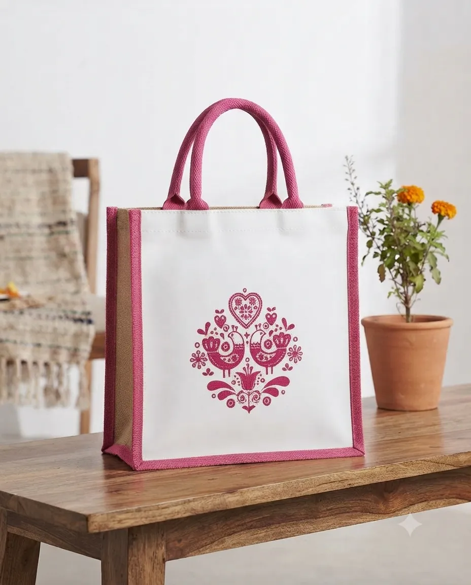 Women's Handcrafted Printed Jute Handbag - Petals Pink