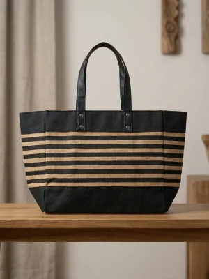 Women's Handcrafted Printed Jute + Leather Handbag