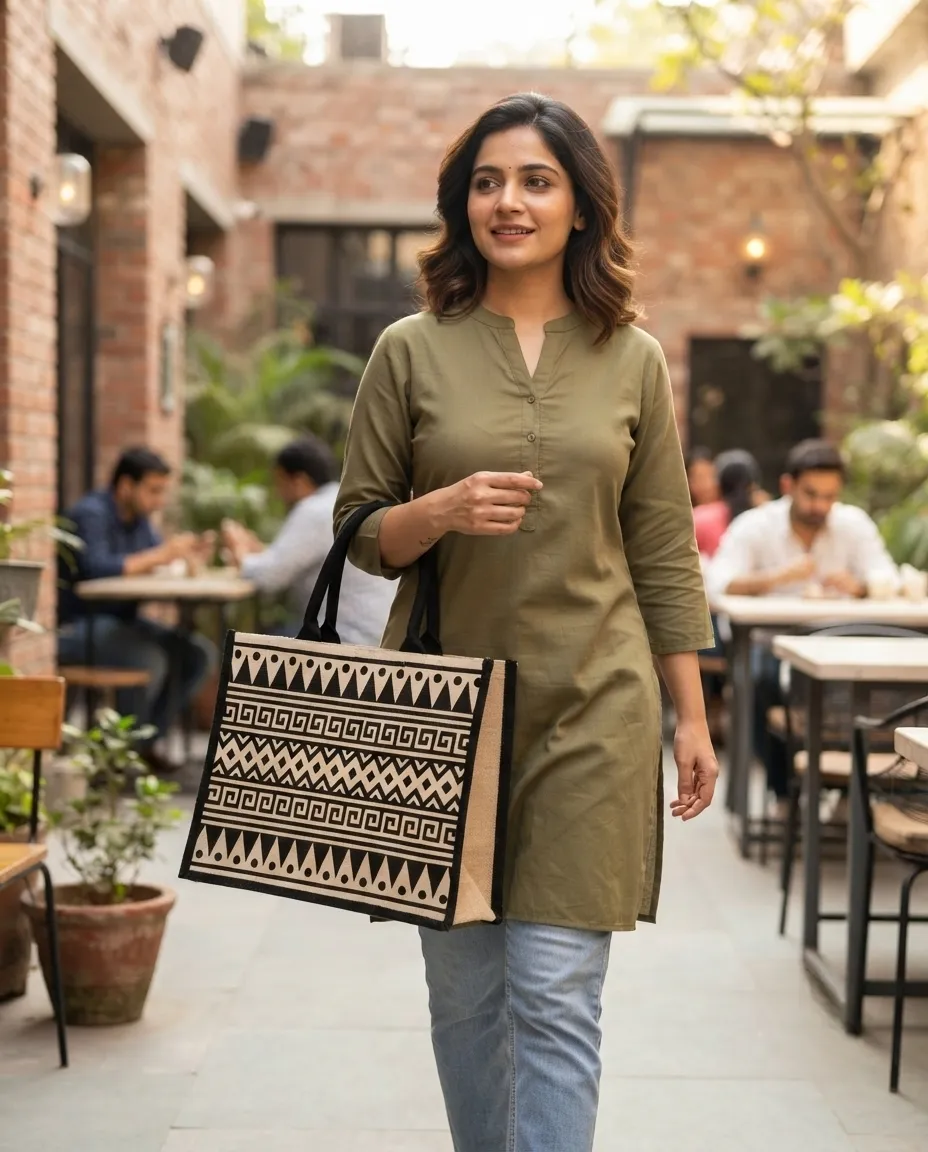 Women's Handcrafted Printed Jute Handbag - Ancient Black Pattern - Image 2
