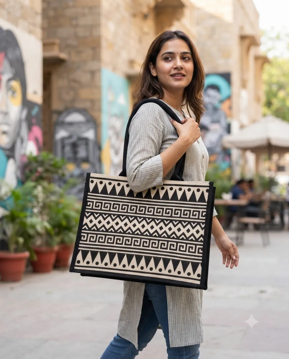Women's Handcrafted Printed Jute Handbag - Ancient Black Pattern - Image 3