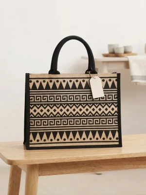 Women's Handcrafted Printed Jute Handbag - Ancient Black Pattern