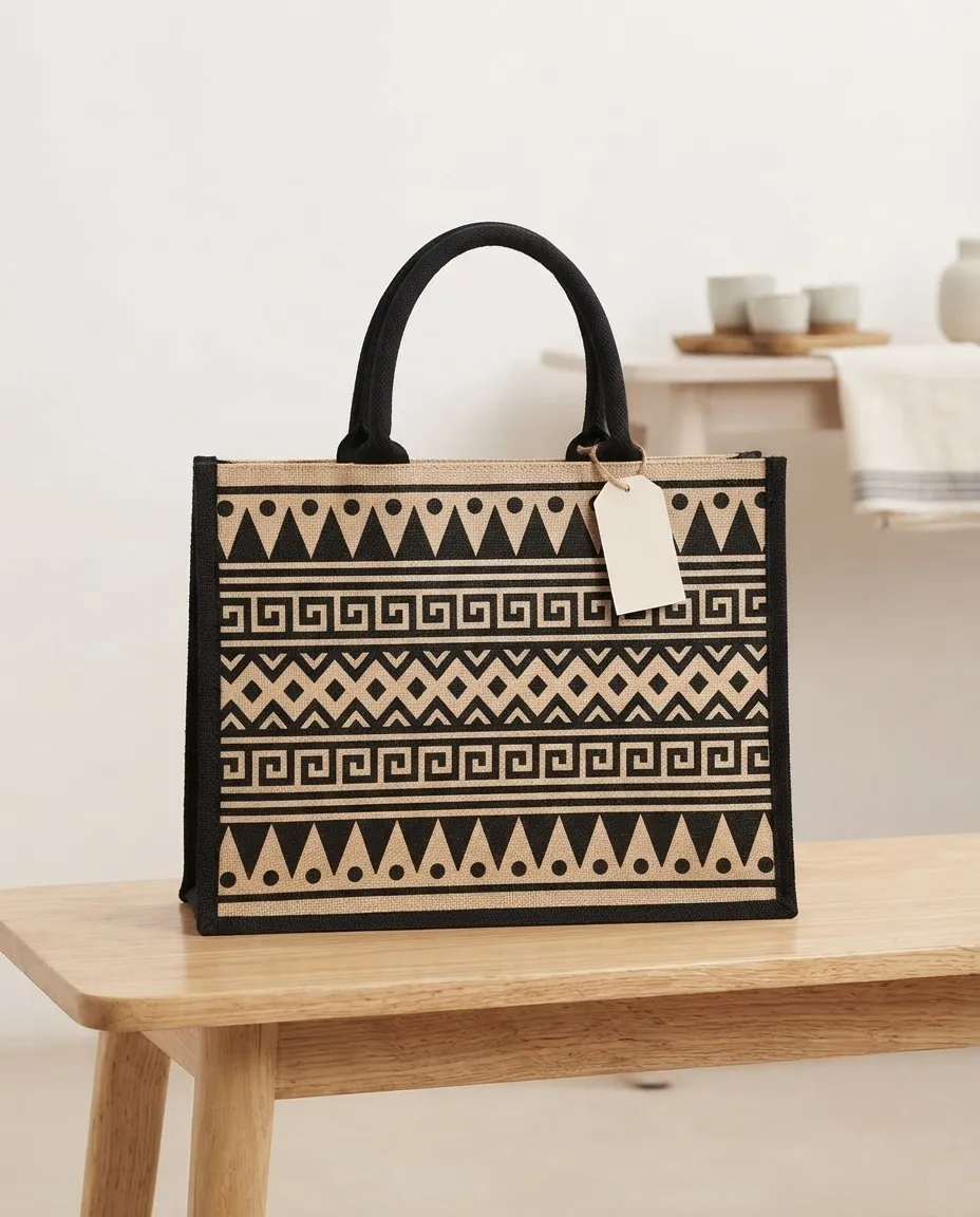 Women's Handcrafted Printed Jute Handbag - Ancient Black Pattern