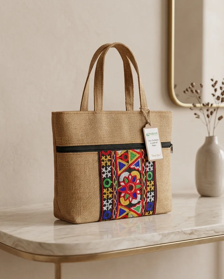 Women's everyday carry handbag made with jute + embroidery - Image 2