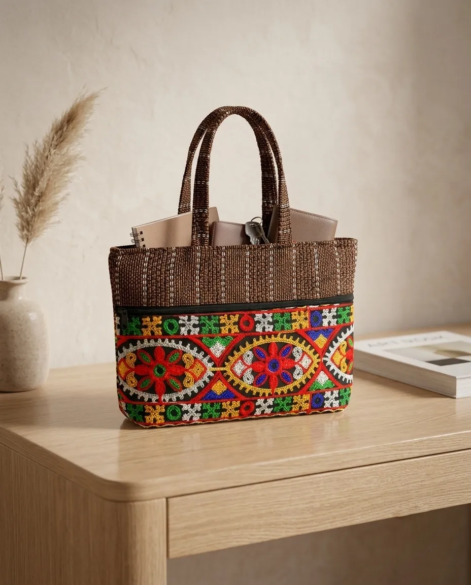 Women's everyday carry handbag made with jute + embroidery - Image 2