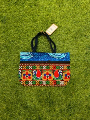 Women's everyday carry handbag made with jute + embroidery - Blue Strap Design