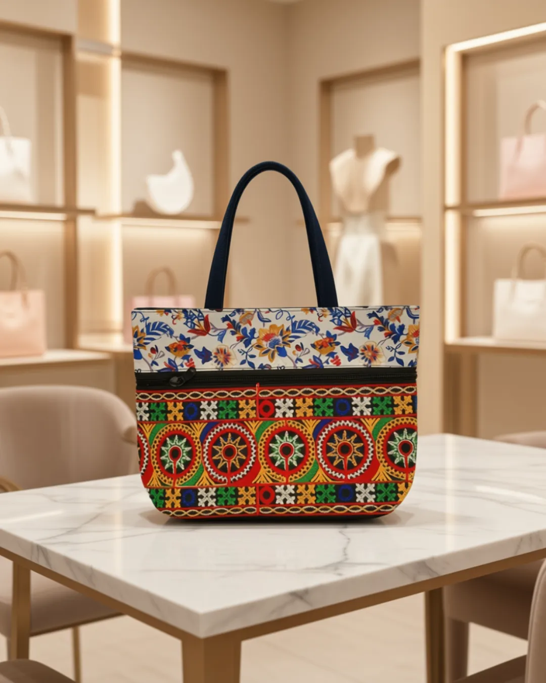 Women's everyday carry handbag made with jute + embroidery - White Multicolor Strap Design - Image 2