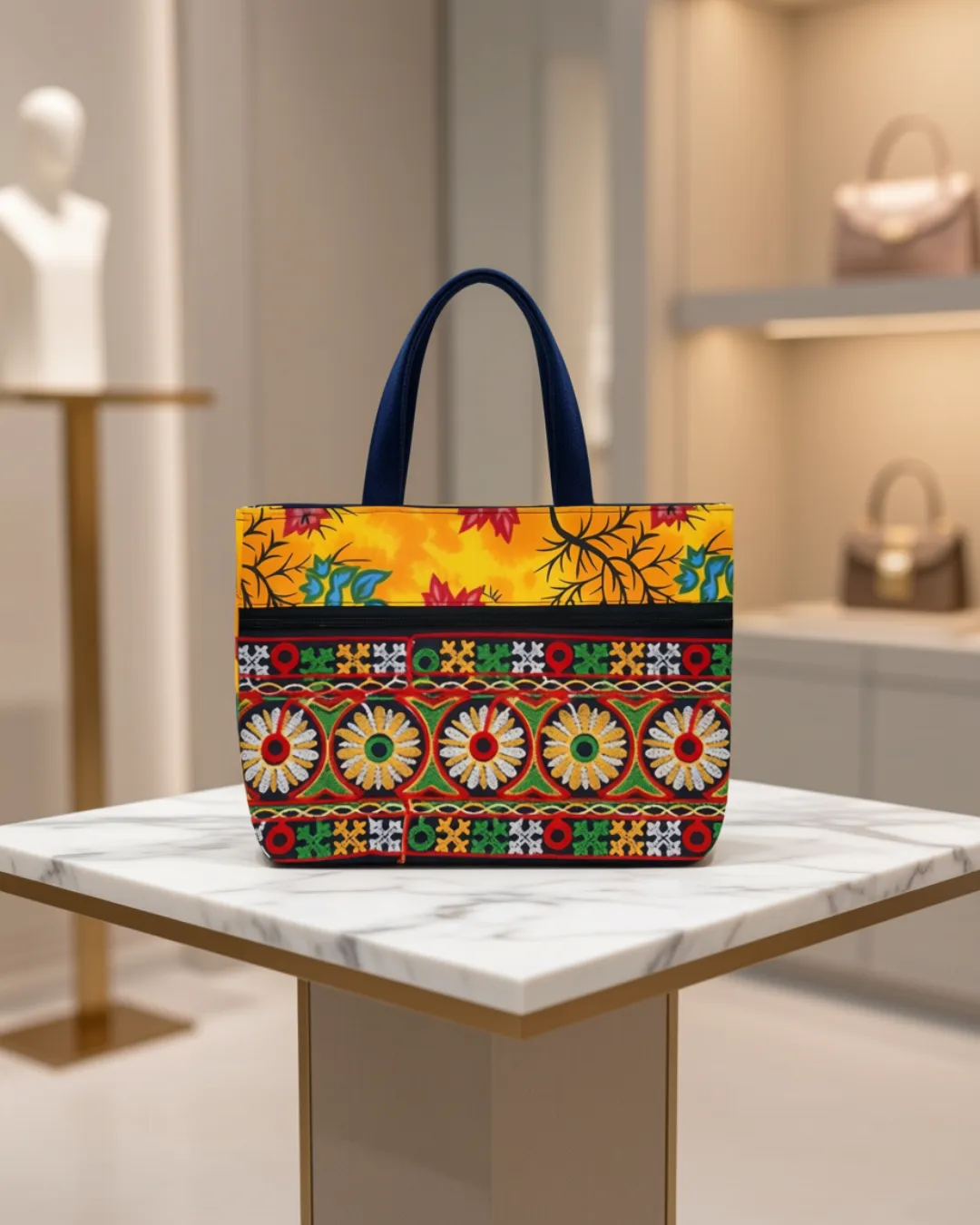 Women's everyday carry handbag made with jute + embroidery - Yellow Strap Design - Image 2