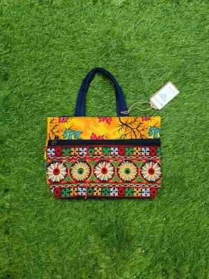 Women's everyday carry handbag made with jute + embroidery - Yellow Strap Design