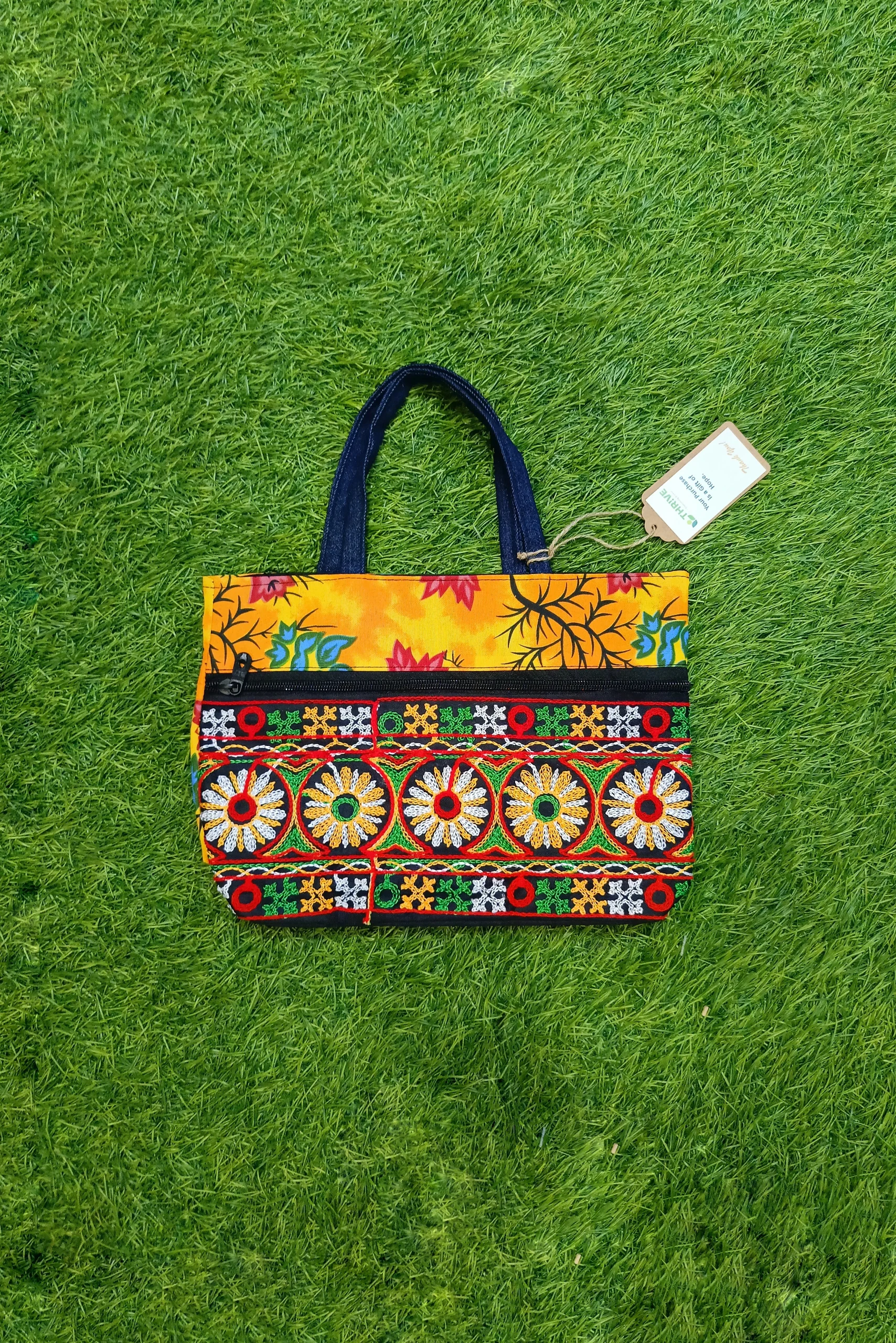 Women's everyday carry handbag made with jute + embroidery - Yellow Strap Design