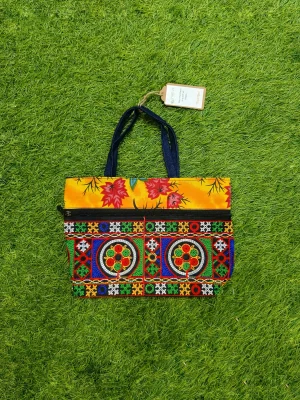 Women's everyday carry handbag made with jute + embroidery - Yellow Strap Design