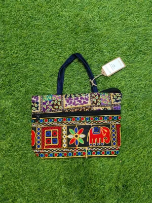Women's everyday carry handbag made with jute + embroidery - Multicolor Strap Design