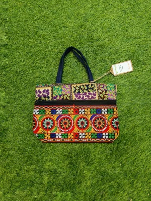 Women's everyday carry handbag made with jute + embroidery - Multicolor Strap Design