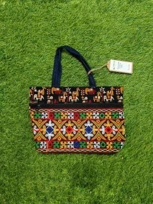 Women's everyday carry handbag made with jute + embroidery - Black Strap Design