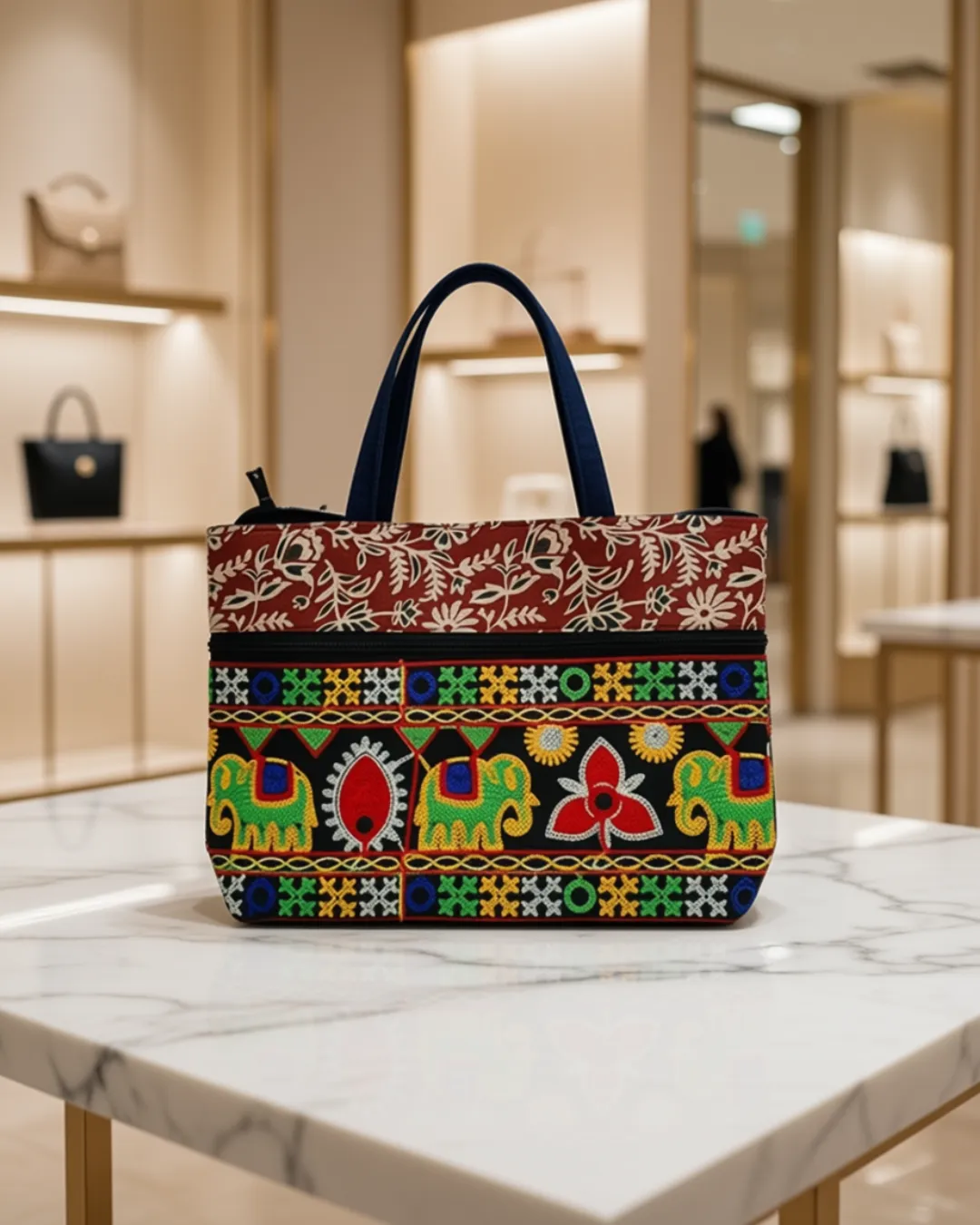 Women's everyday carry handbag made with jute + embroidery - Red Strap Design - Image 2