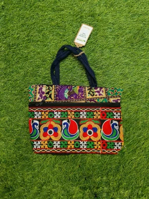 Women's everyday carry handbag made with jute + embroidery - Multicolor Strap Design