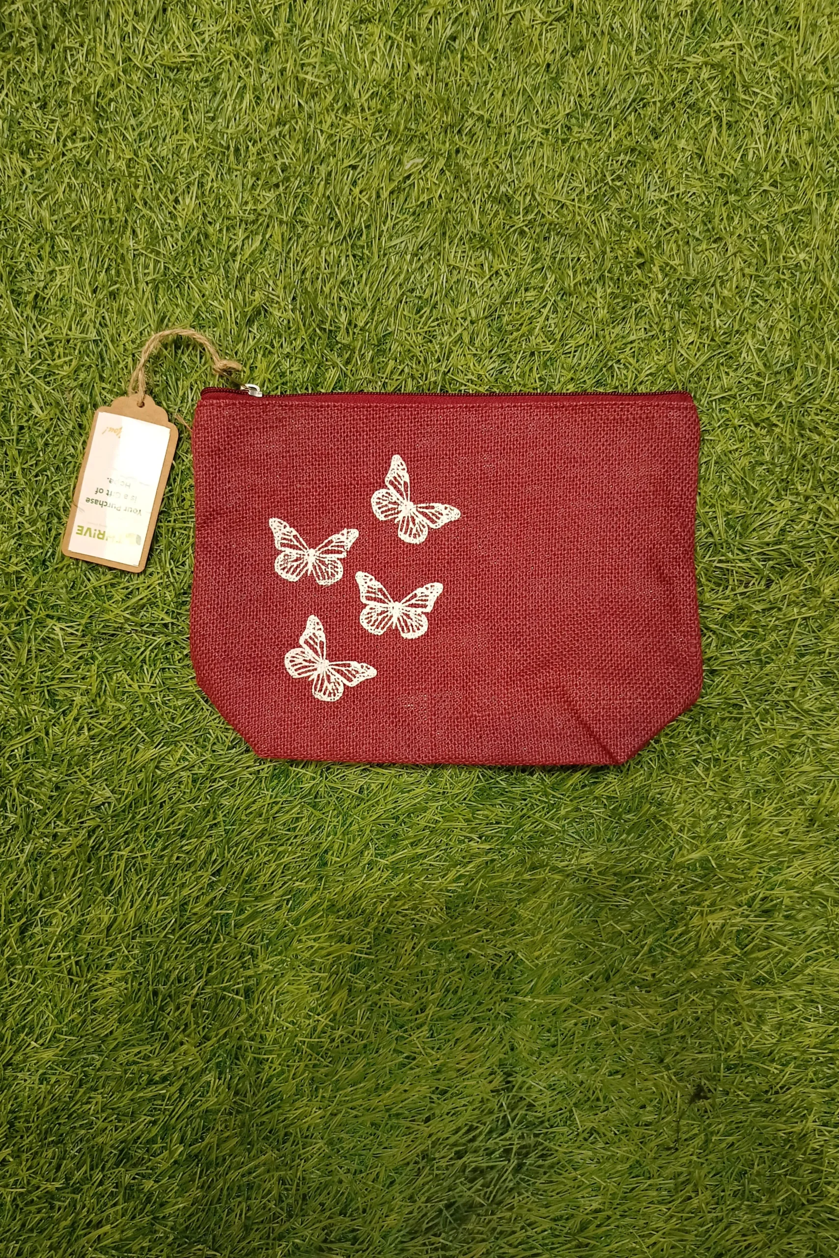 Women's everyday carry handbag made with pure jute - Butterfly Print - Maroon - Image 2