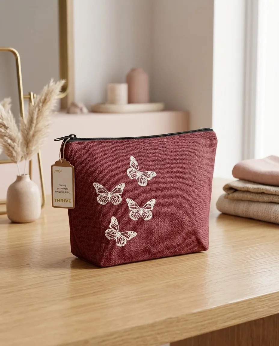 Women's everyday carry handbag made with pure jute - Butterfly Print - Maroon