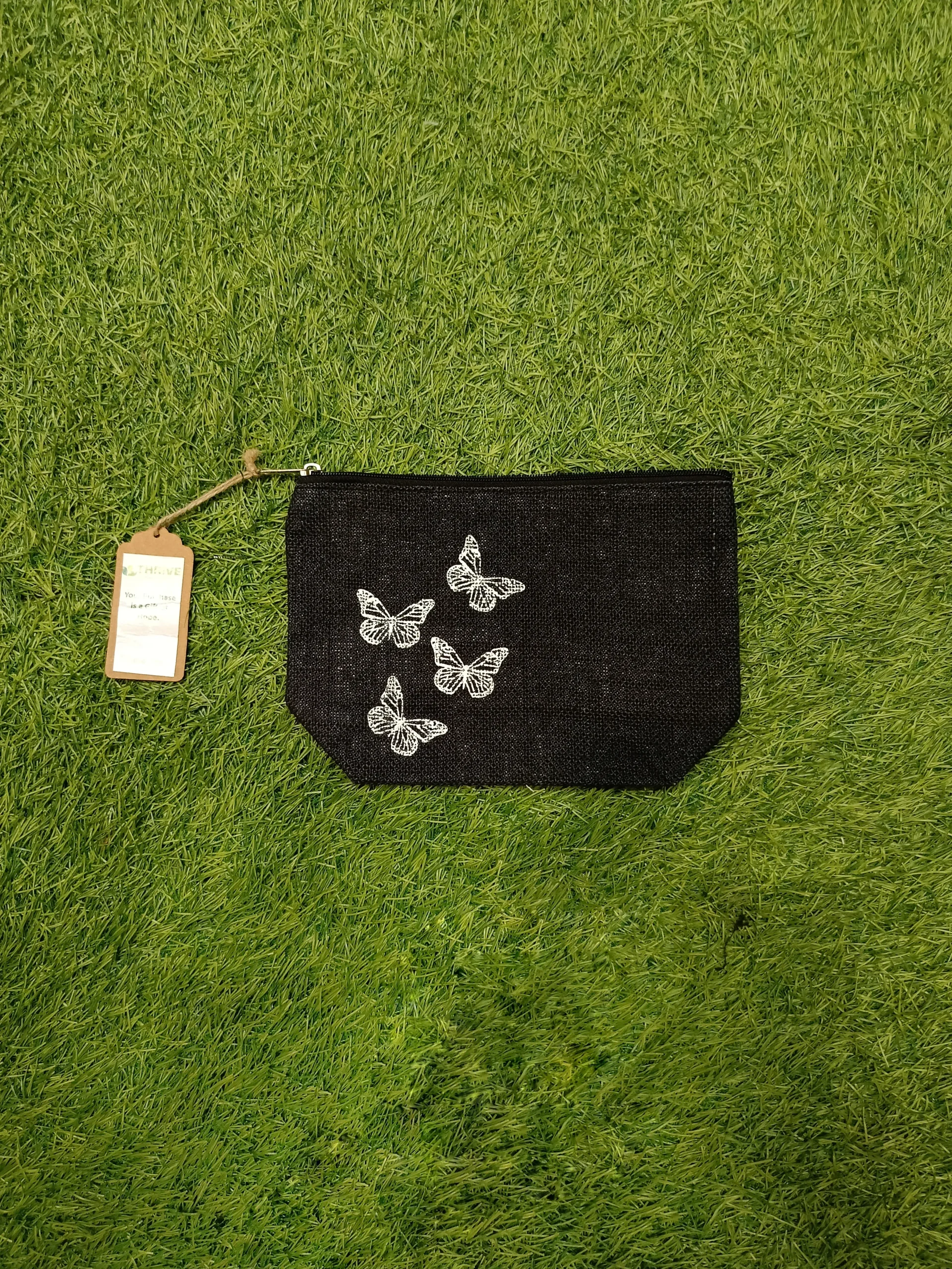 Women's everyday carry handbag made with pure jute - Butterfly Print - Black - Image 2