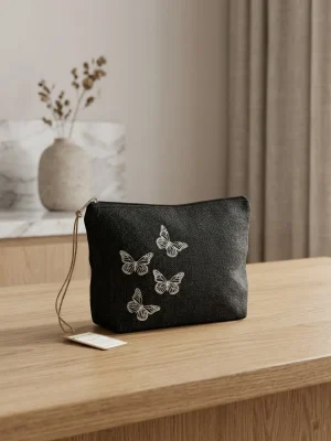 Women's everyday carry handbag made with pure jute - Butterfly Print - Black