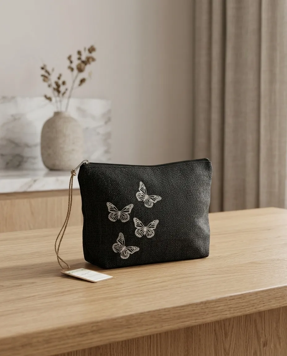 Women's everyday carry handbag made with pure jute - Butterfly Print - Black