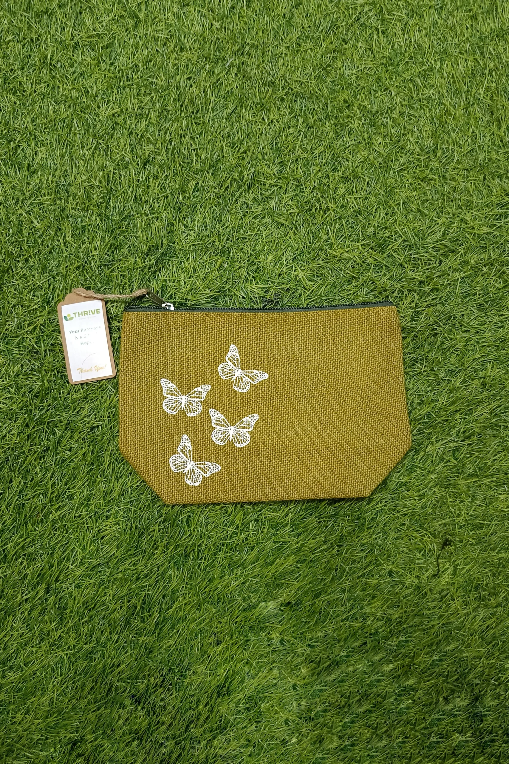 Women's everyday carry handbag made with pure jute - Butterfly Print - Light Olive - Image 2
