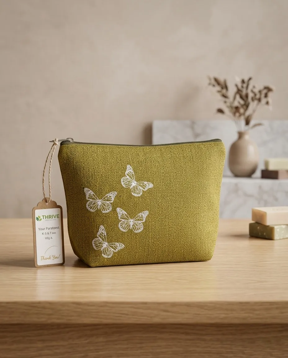 Women's everyday carry handbag made with pure jute - Butterfly Print - Light Olive