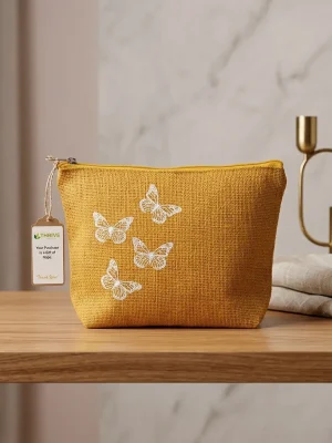 Women's everyday carry handbag made with pure jute - Butterfly Print - Tangy Yellow