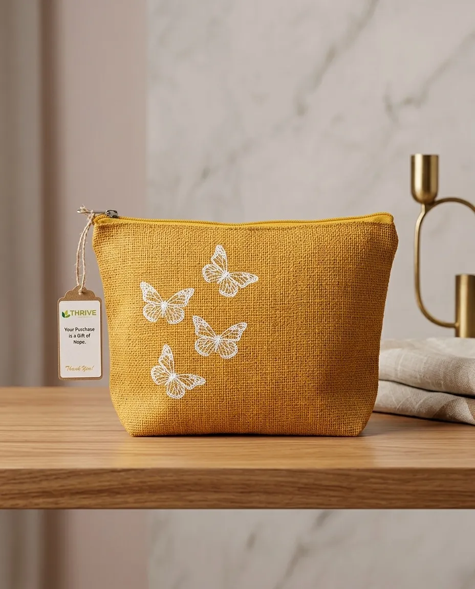 Women's everyday carry handbag made with pure jute - Butterfly Print - Tangy Yellow